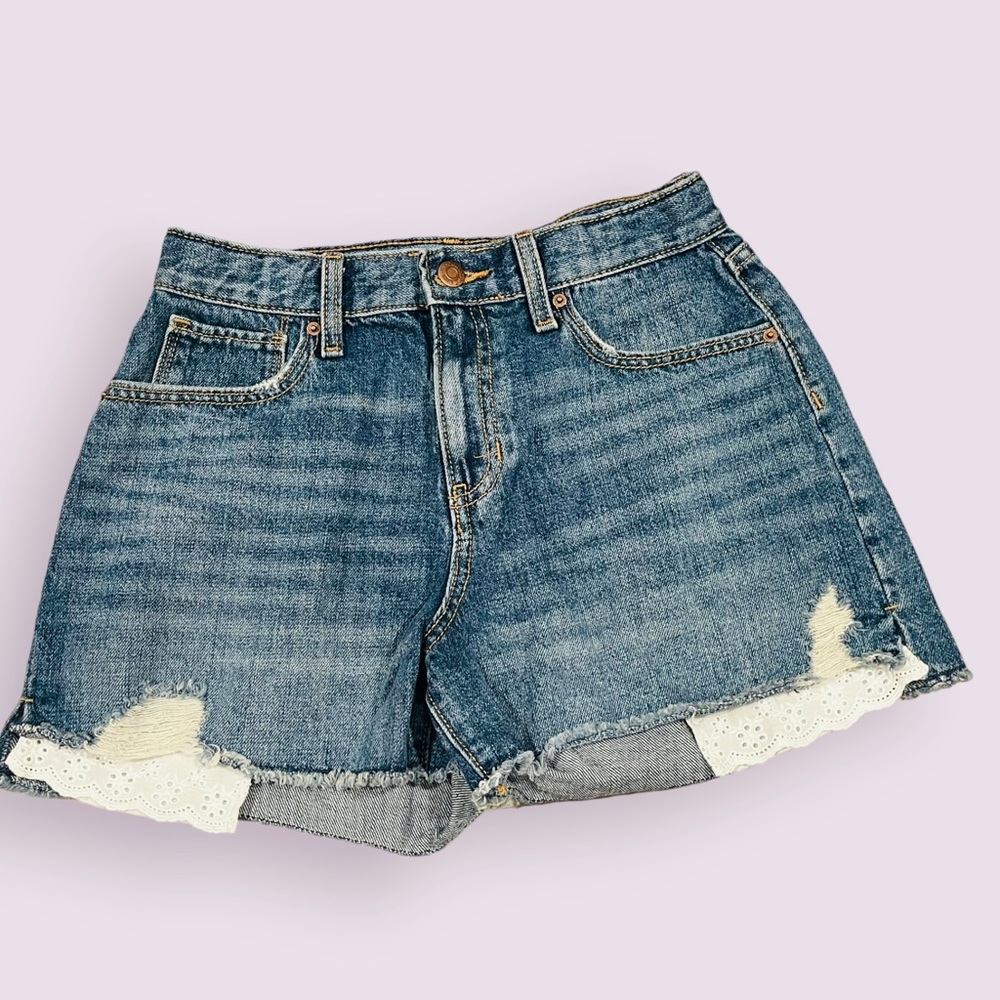 💙 Old Navy High Rise Denim Shorts Girls 16 Blue Distressed Lace Trim Cutoff